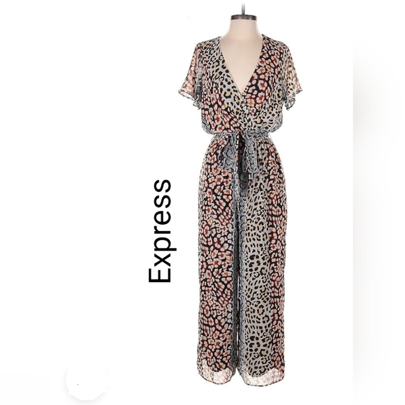 Express Animal Print Jumpsuit - Black, Gray, and Tan - Picture 1 of 6